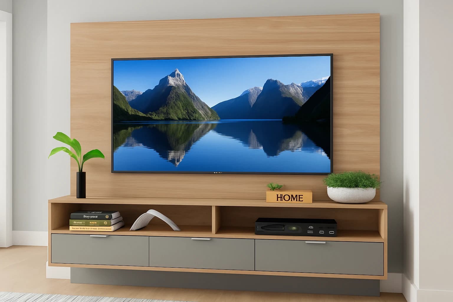 Painel de TV com rack em madeira clara e gavetas cinza – o centro perfeito da sua sala