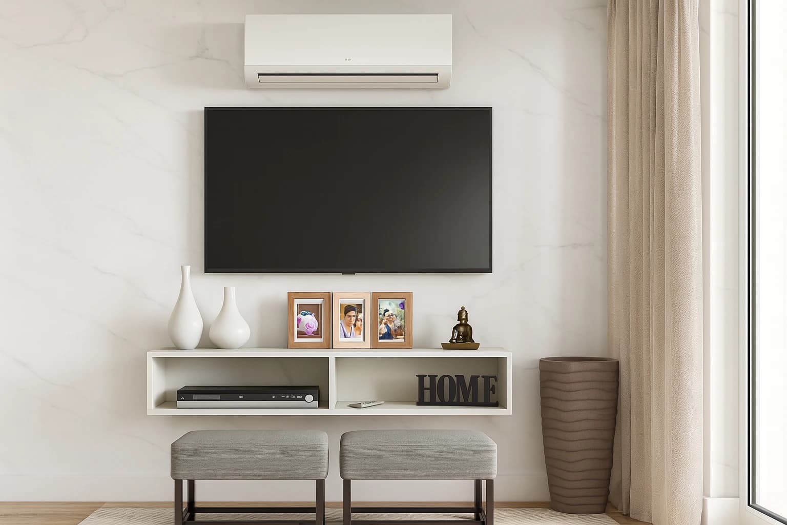 Sala de estar minimalista com móvel suspenso para TV