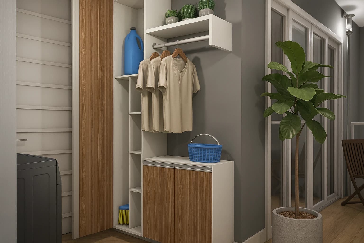 Lavanderia planejada compacta – organizada, bonita e eficiente