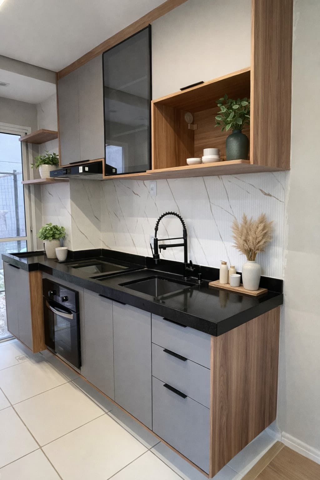 Cozinha Planejada com Vidro Fumê e Madeira